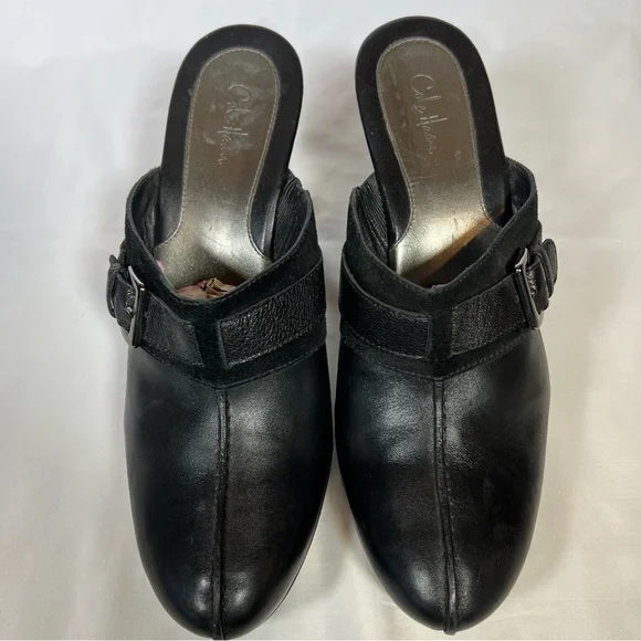 Cole Haan Women's Black Leather Heels Clogs Mules Shoes Silver Buckle Size 10 - Picture 3 of 12